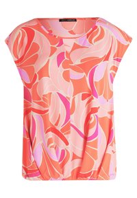 Top à manches courtes en tissu léger, avec un motif floral vibrant dans des teintes de rose et de corail. Encolure arrondie et coupe décontractée.