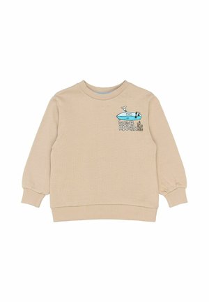 Beige langærmet sweatshirt til småbørn med ribstrikkede manchetter og kæde, der har et lille blåt surfbræt og teksten "Wave Rider" på venstre bryst.
