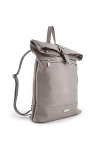 Gray leather backpack with a fold-over top, exterior zipper pocket, adjustable straps, and a textured finish. Features a metal clasp.