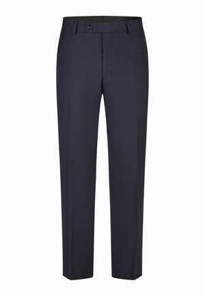 Dunkelblaue, maßgeschneiderte Herrenhosen mit Gürtelschlaufen, Knopfverschluss und vorderer Bügelfalte.