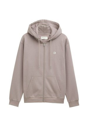 Grijze ritssluiting hoodie gemaakt van zachte stof, met een capuchon, voorzakken en een klein logo op de borst. Soepele textuur en casual ontwerp.