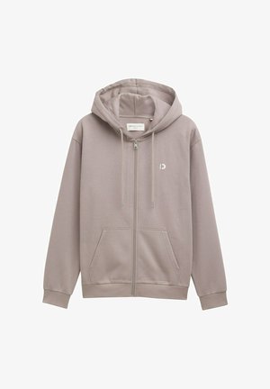 Hanorac gri cu fermoar, realizat dintr-un material moale, având o glugă, buzunare frontale și un mic logo pe piept. Textură netedă și design casual.