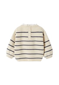 Strickpullover in Creme mit marineblauen Streifen, mit Rundhalsausschnitt und Knopfverschluss im Rücken. Strukturiertes Rippmuster und puffartige Ärmel.