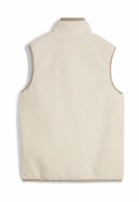 Cremfarbener Fleece-Weste mit hohem Kragen, ärmellosem Design und strukturierter Oberfläche. Die Kanten sind mit einem glatten beigen Besatz versehen.
