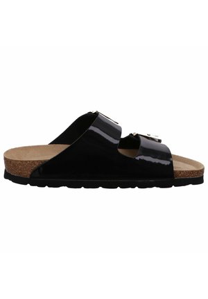 Black patent leather slide sandal with two adjustable straps, cork footbed, and a rubber sole. Features shiny finish and minimalist design.