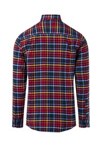 Geruite flanellen shirt met patronen in rood, blauw, geel en zwart, lange mouwen en een knoopsluiting met een gebogen zoom.