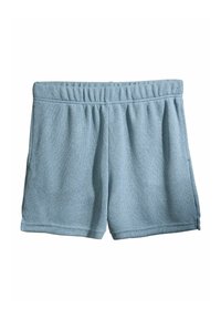 Shorts en éponge bleu avec ceinture élastique et poches latérales, conçus pour un usage décontracté.