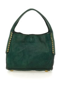 Borsa in pelle verde scuro con un manico singolo, borchie dorate lungo i lati e piedi rotondi dorati sul fondo.