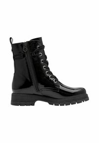 Juodas blizgus lakinės odos kulkšninis botas su raišteliais priekyje, šonine užtrauktuku, traukimo rankena ir storu guminiu padu.