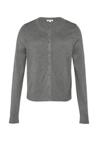Grijze gebreide cardigan met lange mouwen, een ronde halslijn en knoopsluiting. Heeft een soepele textuur en een klassieke pasvorm.