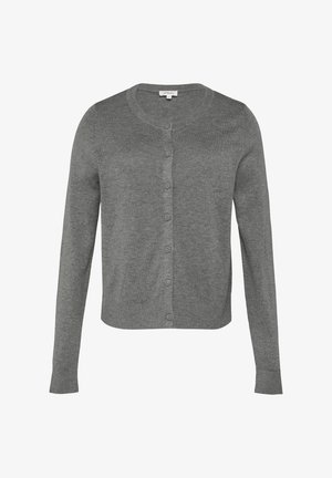 Grijze gebreide cardigan met lange mouwen, een ronde halslijn en knoopsluiting. Heeft een soepele textuur en een klassieke pasvorm.