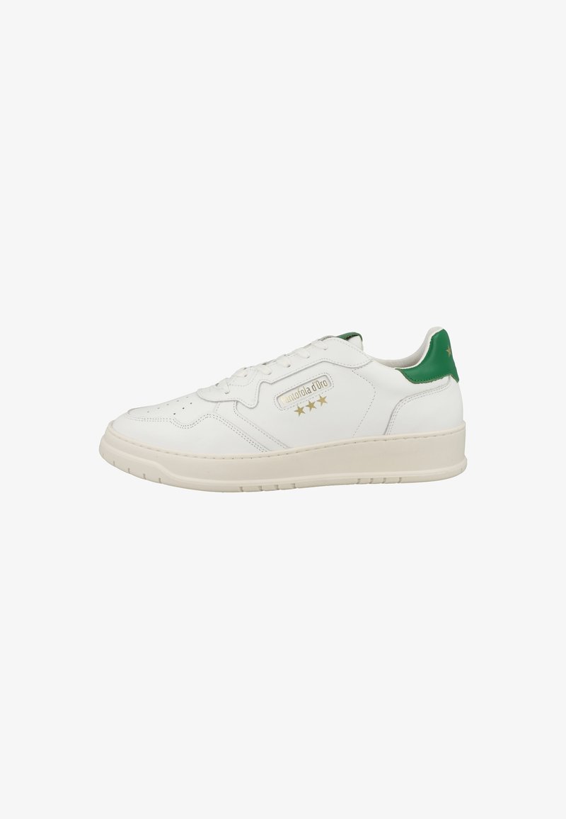 White leather sneaker with green heel accent, flat laces, perforated toe, and gold branding. Features a thick, white rubber sole.