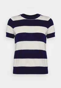 Námořnické a bílé pruhované tričko, krátké rukávy, kulatý výstřih, měkká tkanina, standardní střih. Horizontální pruhy se střídají v šířce. Minimalistický design.