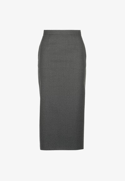 Fustă midi gri, dintr-un material texturat, cu un design ajustat, având un talie structurată și fără accesorii vizibile.