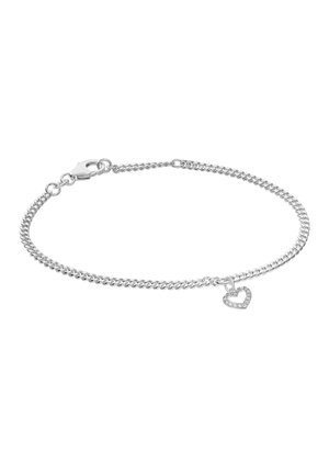 Silver chain ankle bracelet with a small open heart charm adorned with clear crystals and a lobster clasp closure.