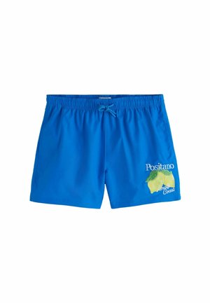 Modré plavkové šortky s elastickým pasem a šňůrkou, na pravé noze nápis "Positano Amalfi Coast" a obrázek citronu.