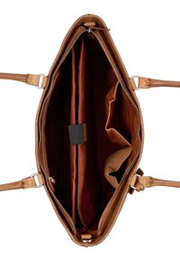 Sac à main en cuir brun avec une fermeture éclair. L'intérieur comprend deux compartiments et une poche plaquée, doublé d'un tissu bordeaux riche.