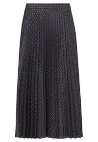 Jupe plissée avec un motif à carreaux bleu marine et marron. Fabriquée en tissu doux, de longueur mi-mollet et dotée d'une ceinture lisse.