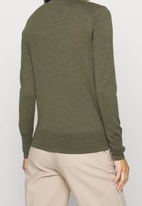 Groen gebreide trui met een getailleerd ontwerp, lange mouwen en een geribde zoom. Draagt lichtbeige broek, met een gladde textuur.