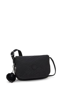 Borsa a tracolla nera con un motivo texturizzato, chiusura con zip e portachiavi peloso staccabile. Cinghia regolabile e dettaglio con logo sulla parte anteriore.