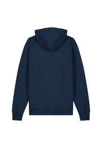Marineblaues Kapuzenpullover mit langen Ärmeln, gerippten Säumen und Saum. Glatte Textur mit einem einfachen, einfarbigen Design und ohne sichtbare Grafiken.