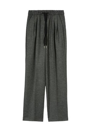 Pantaloni grigi su misura realizzati in tessuto testurizzato, con vita regolabile e pieghe, dal design a gamba larga che termina appena sopra le caviglie.