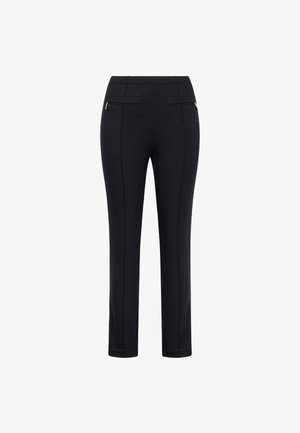 Pantalon noir ajusté, avec deux poches arrière, des coutures sur le devant, et une texture lisse.
