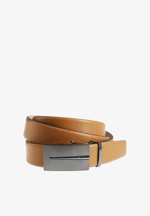 Tan leather belt with a sleek grey metal buckle. The belt is smooth with a clean design and features a subtle brand label on the buckle.