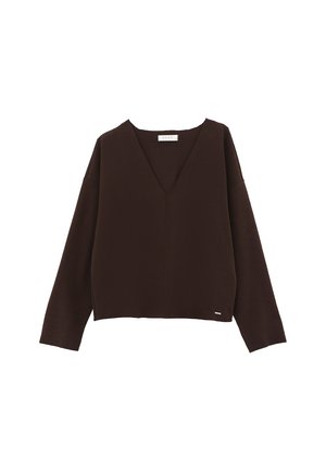 Brown V-neck sweater with long sleeves, relaxed fit, and a textured fabric. Features a small logo at the bottom left.