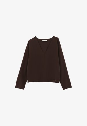 Brun V-hals sweater med lange ærmer, afslappet pasform og tekstureret stof. Har et lille logo nederst til venstre.