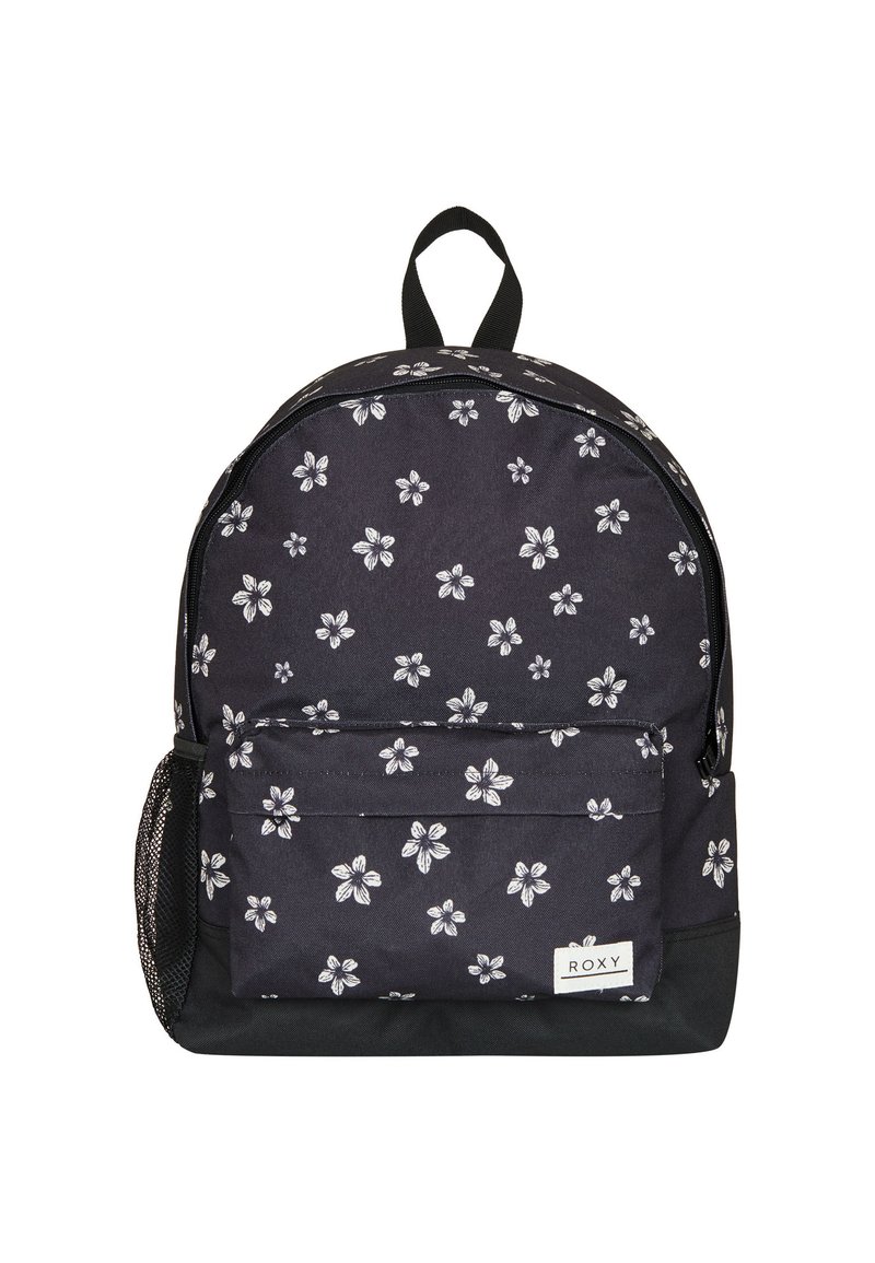 Zwarte fabric backpack met wit bloemenpatroon, voorzien van een voorvak, mesh zijvak en een bovenste draaghandvat. Inclusief Roxy merklabel.