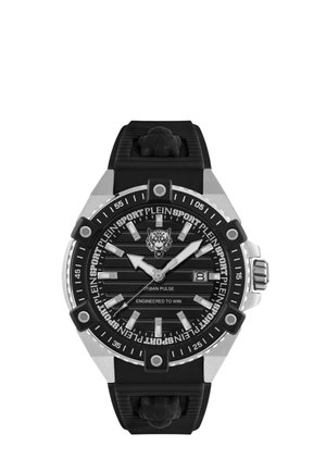 Orologio sportivo nero e argento con marcatori delle ore evidenti, logo della tigre, visualizzazione della data e cinturino nero testurizzato con dettaglio testa di leone.