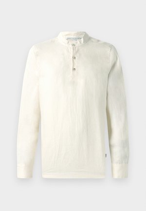 Camisa de manga longa em algodão creme claro, com colarinho mandarim, placket de três botões e um acabamento texturizado.