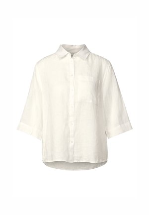 Chemise en lin blanc avec un col, des manches mi-longues et une poche poitrine. Tissu texturé avec une coupe légèrement ample.
