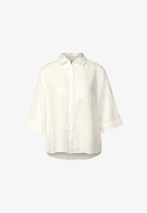 Chemise en lin blanc avec un col, des manches mi-longues et une poche poitrine. Tissu texturé avec une coupe légèrement ample.