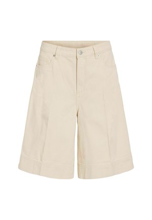 Short beige taille haute à jambes larges avec bouton devant, passants pour ceinture, poches latérales et poche monnaie, ourlet longueur genou et coutures minimales.