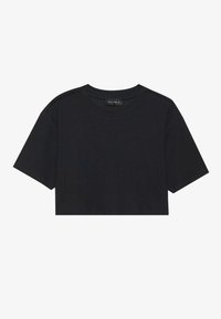 Μαύρη κοντή μπλούζα με ριγέ ύφασμα. Διαθέτει στρογγυλή λαιμόκοψη και κοντά μανίκια με χαλαρή εφαρμογή.