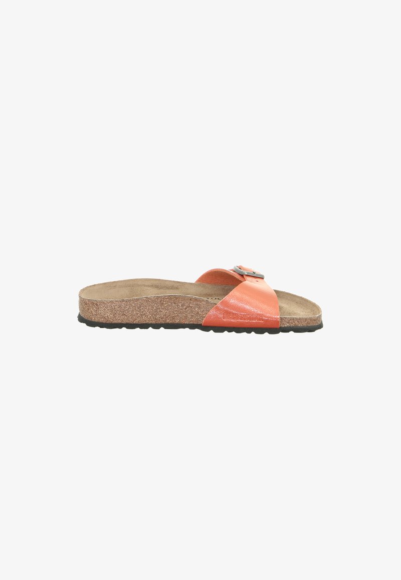 Slide sandal in orange patent leather with a buckle accent, cork footbed, and textured rubber sole. Classic open-toe design.