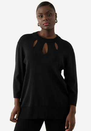 Schwarzer Strickpullover mit rundem Halsausschnitt und Ausschnittakzenten. Lange Ärmel und gerippter Saum für eine lockere Passform.