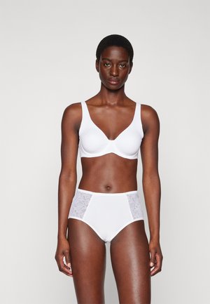 White bra with a smooth, slightly textured fabric and wide straps. Matching high-waisted panties feature lace side panels. Minimalist design.