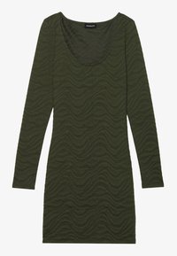 Pitkähihainen, vartalonmyötäinen mekko tummanvihreällä väriyhdistelmällä, jossa on aaltoileva tekstuurikuosi. Pyöreä pääntie ja pehmeä, joustava kangas. Ei näkyviä varusteita.
