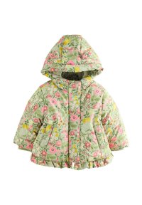 Žalias pūkinis švarkas su kapišonu, rožinių ir geltonų gėlių raštais, dviem priekinėmis kišenėmis ir raukiniu apvadu apačioje.