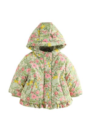 Jachetă matlasată verde cu model floral, cu glugă, modele de flori roz și galbene, două buzunare frontale și detaliu cu tiv plisat.