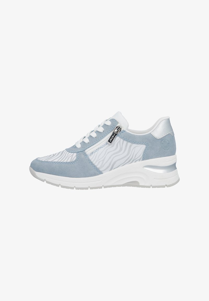 Light blue sneakers made of suede and mesh, featuring a white wavy pattern, silver accents, and a side zipper. White sole with cushioning.