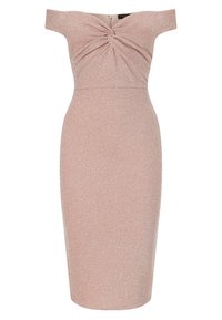 Robe midi ajustée rose clair scintillante avec épaules dénudées, détail torsadé au niveau de la poitrine et fermeture éclair au dos.