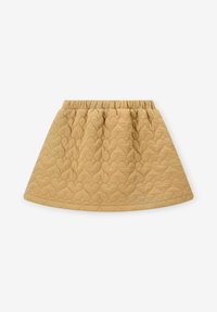 Jupe matelassée jaune avec une forme évasée et une taille élastique, arborant une texture à motifs de cœurs sur tout le tissu.