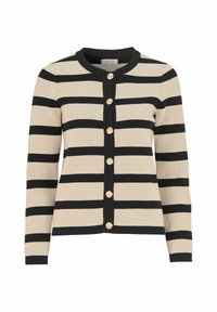 Beige neulejakku, jossa on rohkeat mustat vaakaraitat, pyöreä pääntie ja kultasävyiset napit edessä. Pehmeä neuletekstuuri.