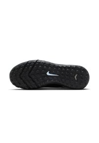 Suela de zapato Nike en goma negra con patrón texturizado, que presenta un swoosh en azul claro en el talón y almohadillas de tracción circulares para un mejor agarre.