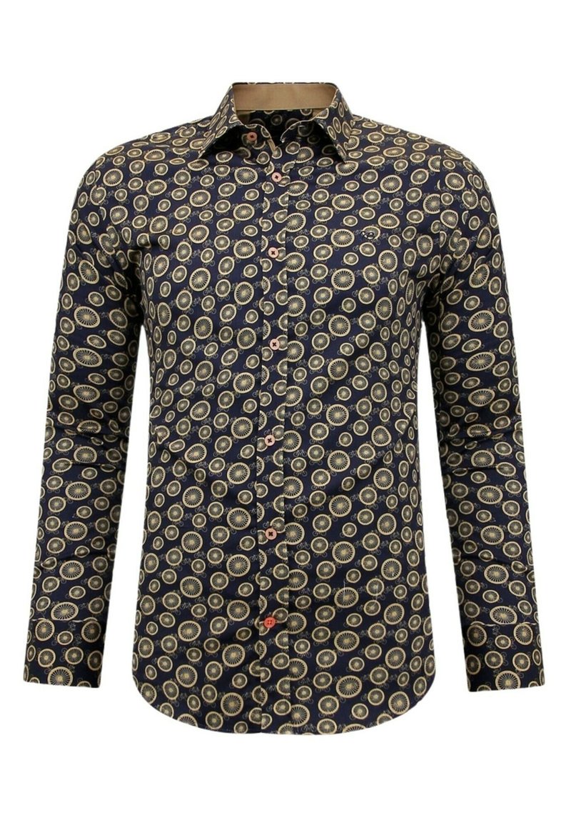Marineblauw overhemd met lange mouwen en een cirkelpatroon in crème en goud, met een knoopsluiting aan de voorkant en contrasterende knoopaccenten.