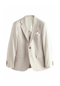 Hellbeige Ein-Knopf-Pinstrip-Blazer mit Revers, aufgesetzten Taschen und einem weißen Taschentuch.